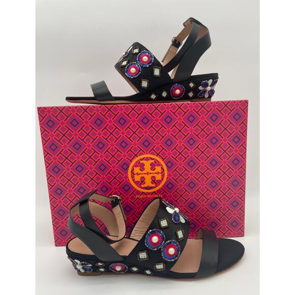TORY BURCH BEADED BLACK WEDGE SANDALS ANKLE STRAP 7! - Picture 2 of 11